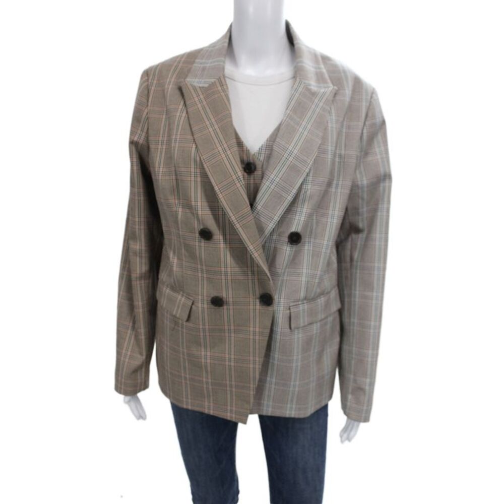 Drew Womens Double Breasted Plaid Long Sleeve Blazer Vest Suit Set Brown Size L